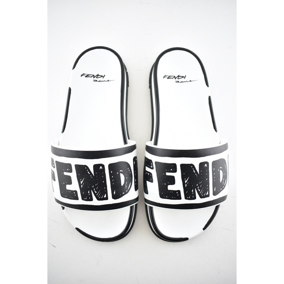 Fendi Joshua Vides White Black Leather Logo Mule Slide Flat Flip Flop Sandal 40 - Picture 8 of 12